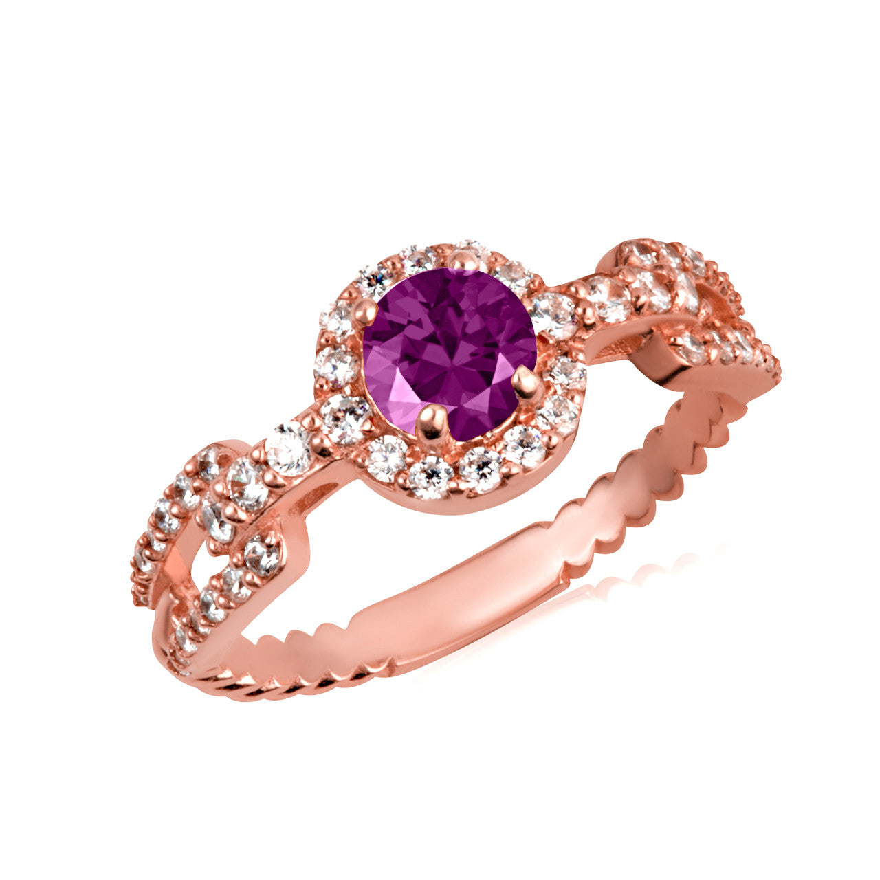 Gold Round Gemstone Diamond Halo Studded Chain Link Ring (Available in Yellow/Rose/White Gold)