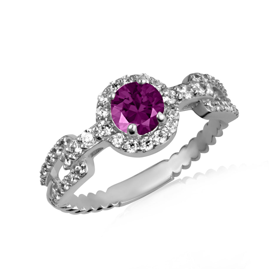 Gold Round Gemstone Diamond Halo Studded Chain Link Ring (Available in Yellow/Rose/White Gold)