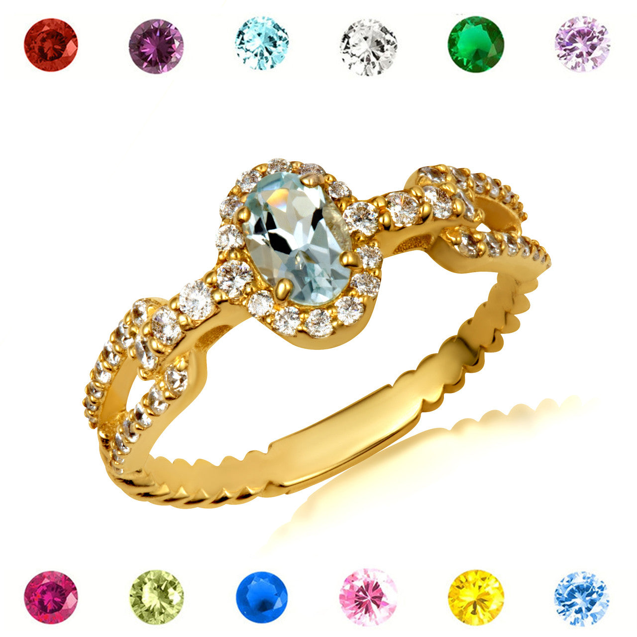 Gold Oval Gemstone Diamond Studded Chain Link Ring 6.4mm (Available in Yellow/Rose/White Gold)