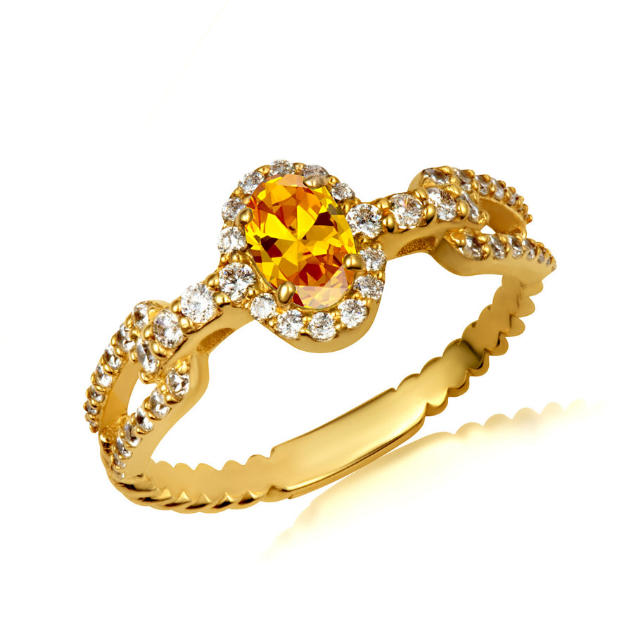 Gold Oval Gemstone Diamond Studded Chain Link Ring 6.4mm (Available in Yellow/Rose/White Gold)