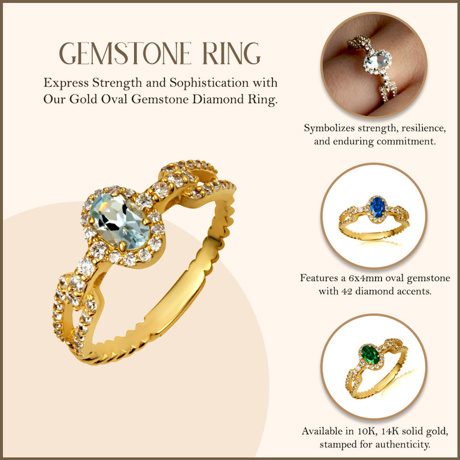 Gold Oval Gemstone Diamond Studded Chain Link Ring 6.4mm (Available in Yellow/Rose/White Gold)