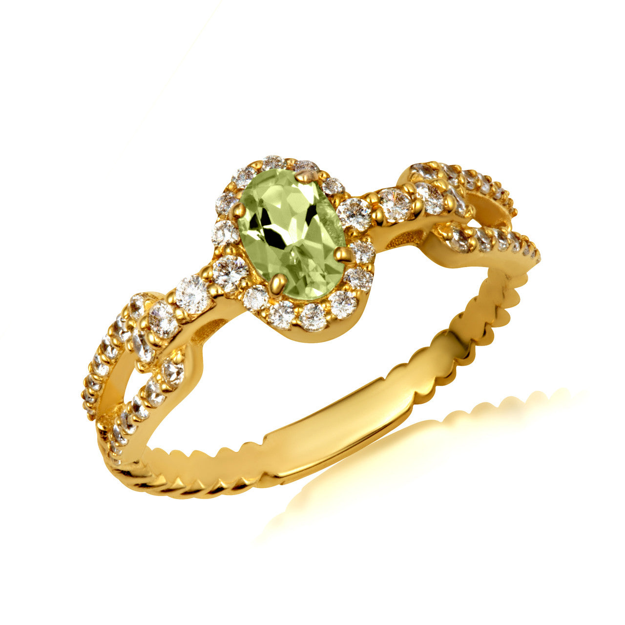 Gold Oval Gemstone Diamond Studded Chain Link Ring 6.4mm (Available in Yellow/Rose/White Gold)
