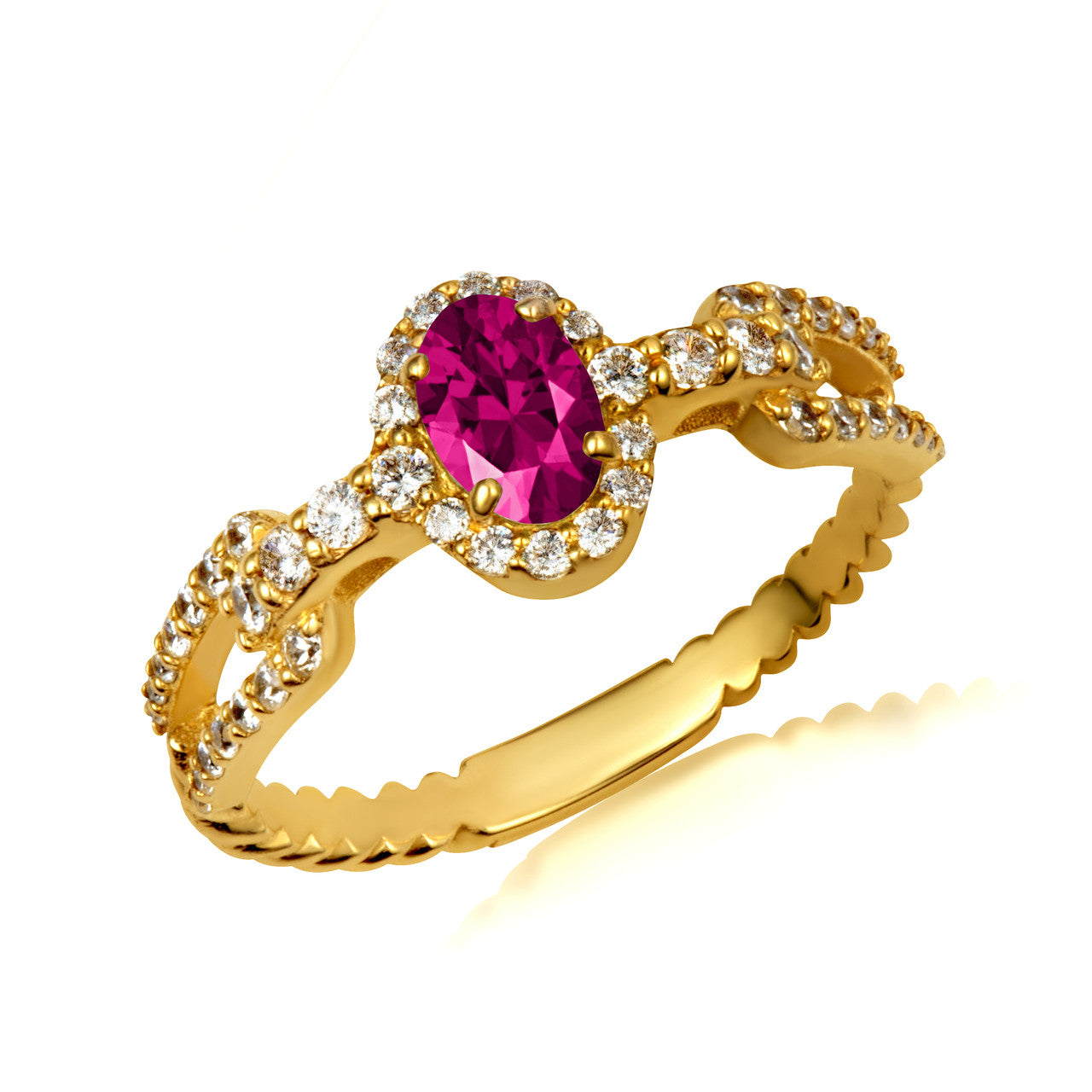 Gold Oval Gemstone Diamond Studded Chain Link Ring 6.4mm (Available in Yellow/Rose/White Gold)