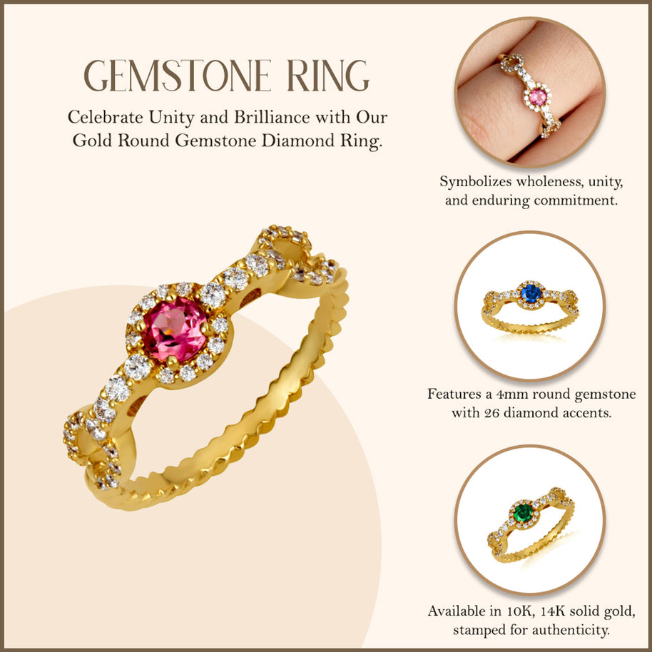 Gold Round Gemstone Diamond Studded Chain Link Ring (Available in Yellow/Rose/White Gold)