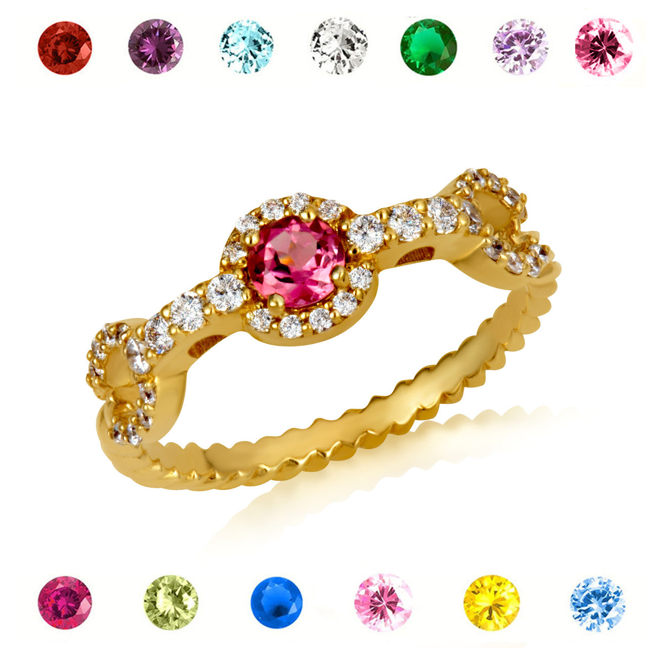 Gold Round Gemstone Diamond Studded Chain Link Ring (Available in Yellow/Rose/White Gold)