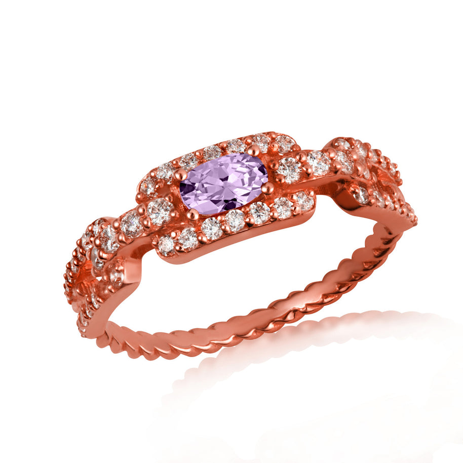Gold Oval Gemstone Diamond Studded Cuban Chain Link Ring 5.3mm (Available in Yellow/Rose/White Gold)