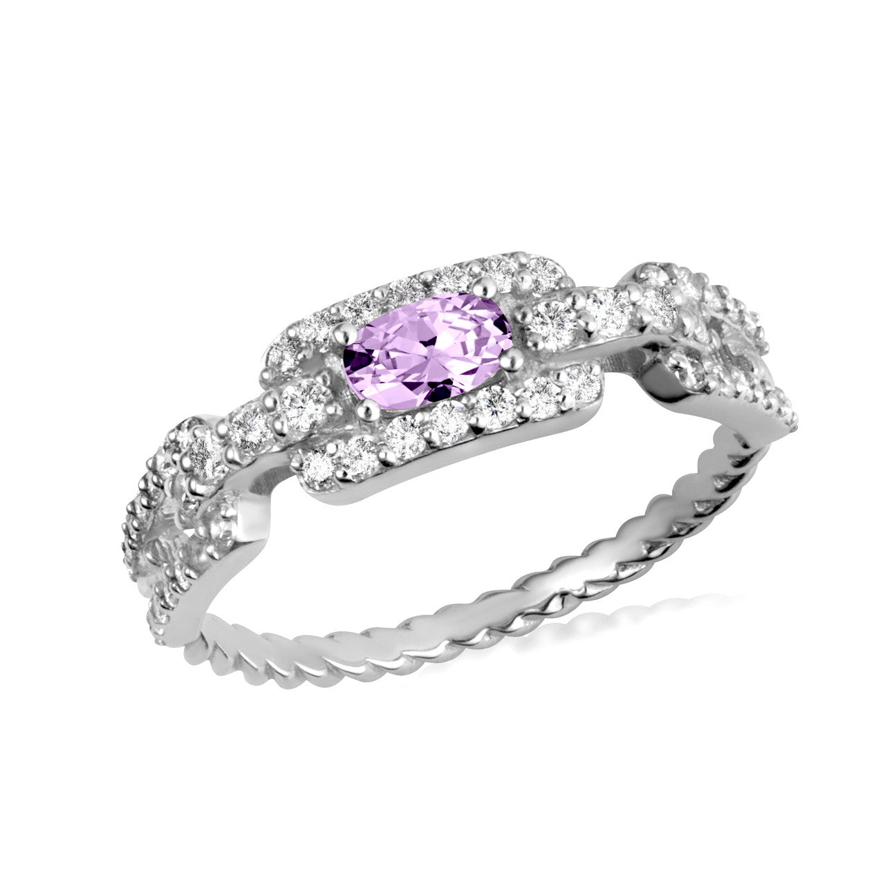Gold Oval Gemstone Diamond Studded Cuban Chain Link Ring 5.3mm (Available in Yellow/Rose/White Gold)