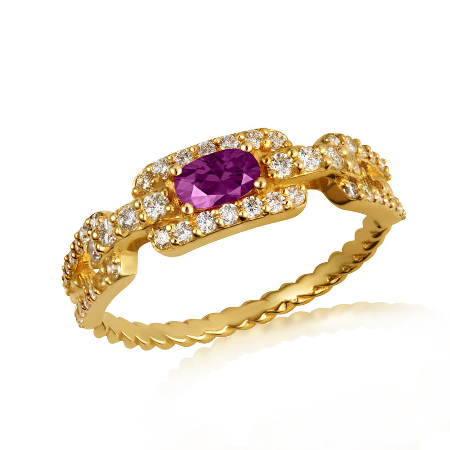Gold Oval Gemstone Diamond Studded Cuban Chain Link Ring 5.3mm (Available in Yellow/Rose/White Gold)