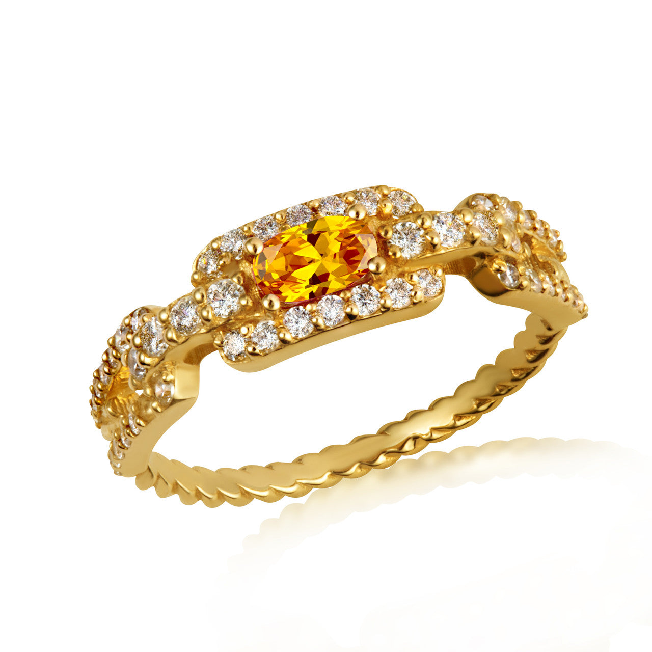 Gold Oval Gemstone Diamond Studded Cuban Chain Link Ring 5.3mm (Available in Yellow/Rose/White Gold)
