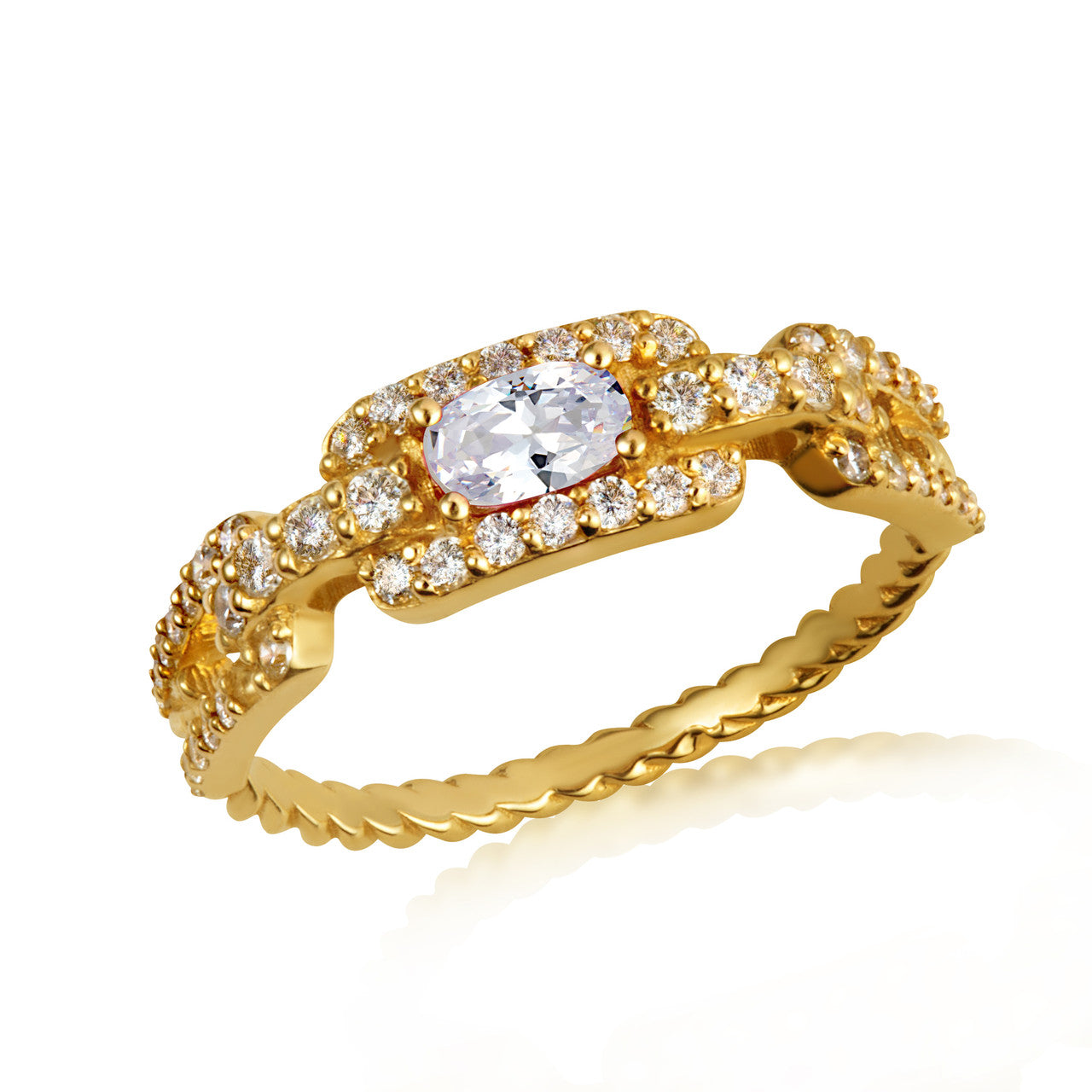 Gold Oval Gemstone Diamond Studded Cuban Chain Link Ring 5.3mm (Available in Yellow/Rose/White Gold)