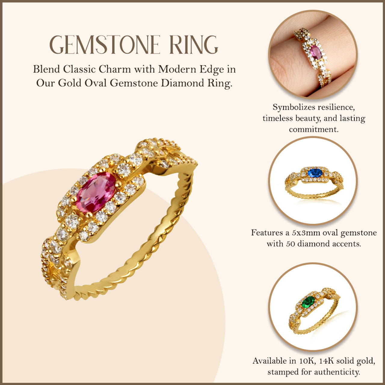 Gold Oval Gemstone Diamond Studded Cuban Chain Link Ring 5.3mm (Available in Yellow/Rose/White Gold)