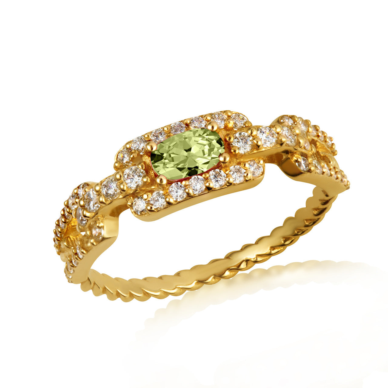 Gold Oval Gemstone Diamond Studded Cuban Chain Link Ring 5.3mm (Available in Yellow/Rose/White Gold)