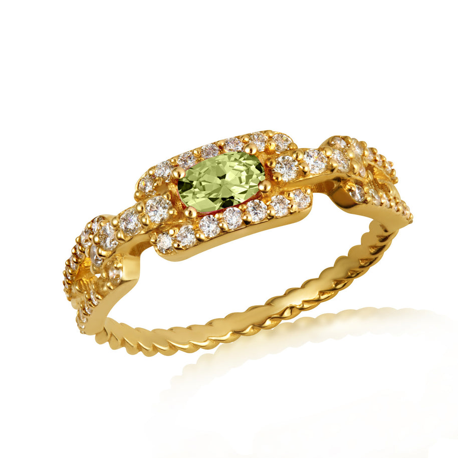 Gold Oval Gemstone Diamond Studded Cuban Chain Link Ring 5.3mm (Available in Yellow/Rose/White Gold)