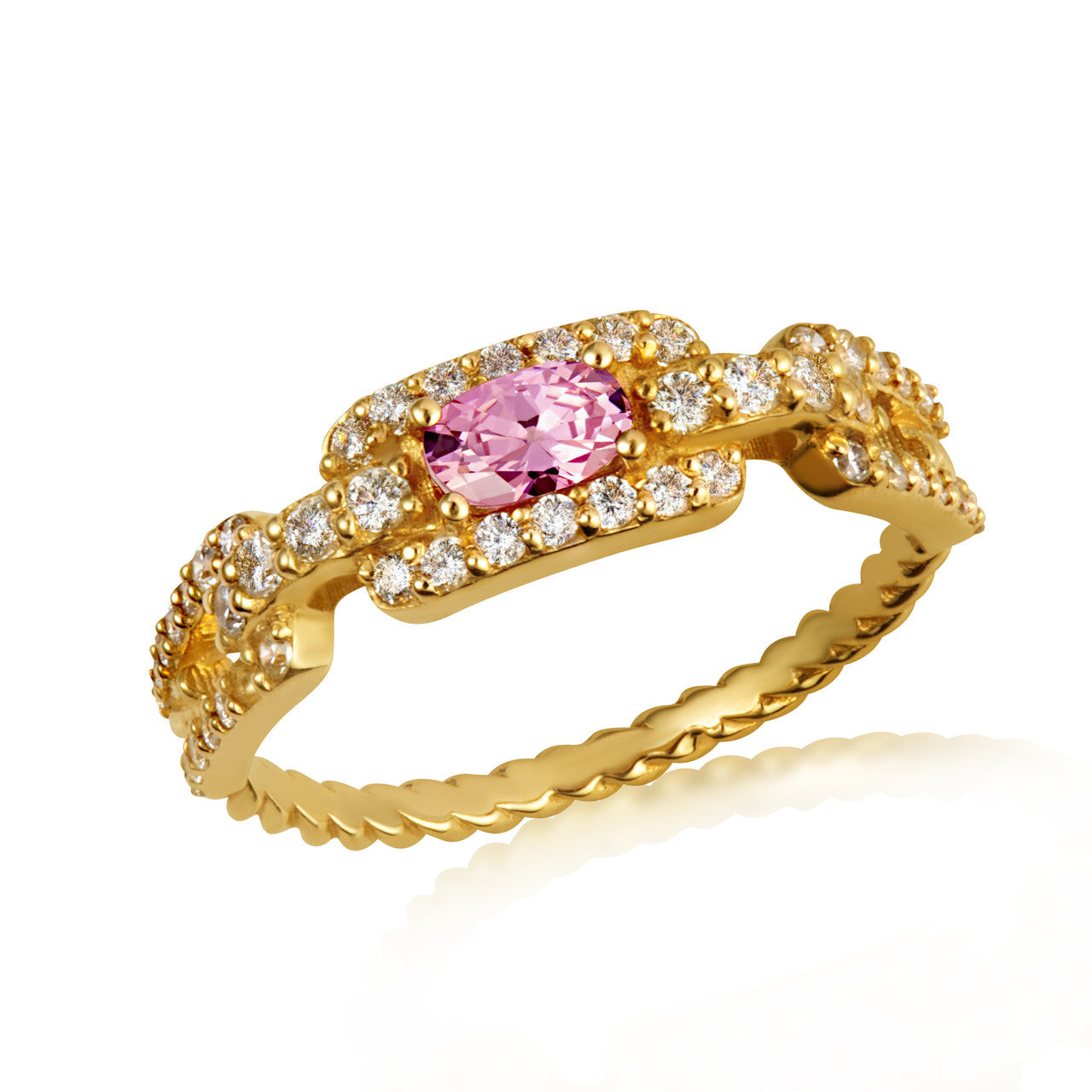 Gold Oval Gemstone Diamond Studded Cuban Chain Link Ring 5.3mm (Available in Yellow/Rose/White Gold)