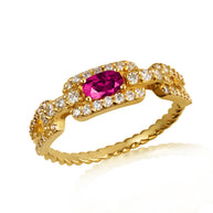Gold Oval Gemstone Diamond Studded Cuban Chain Link Ring 5.3mm (Available in Yellow/Rose/White Gold)