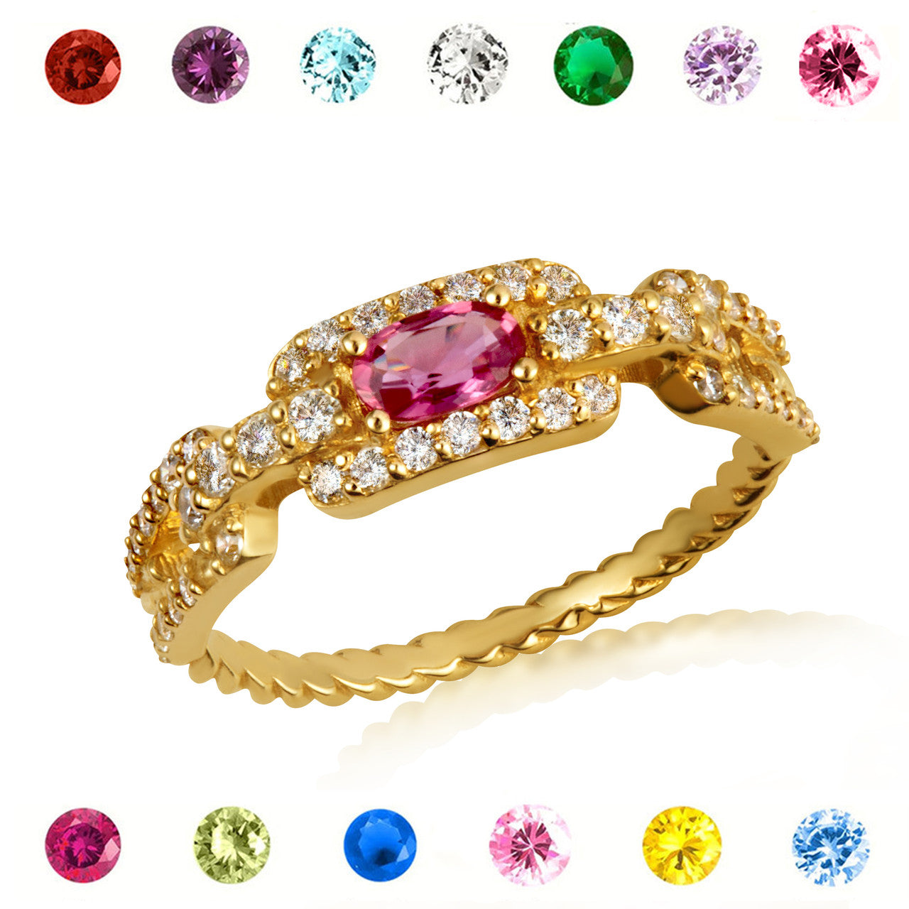 Gold Oval Gemstone Diamond Studded Cuban Chain Link Ring 5.3mm (Available in Yellow/Rose/White Gold)