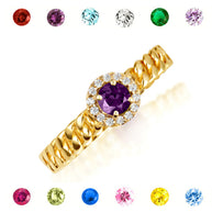 Gold Round Gemstone Diamond Halo Cuban Chain Link Ring (Available in Yellow/Rose/White Gold)