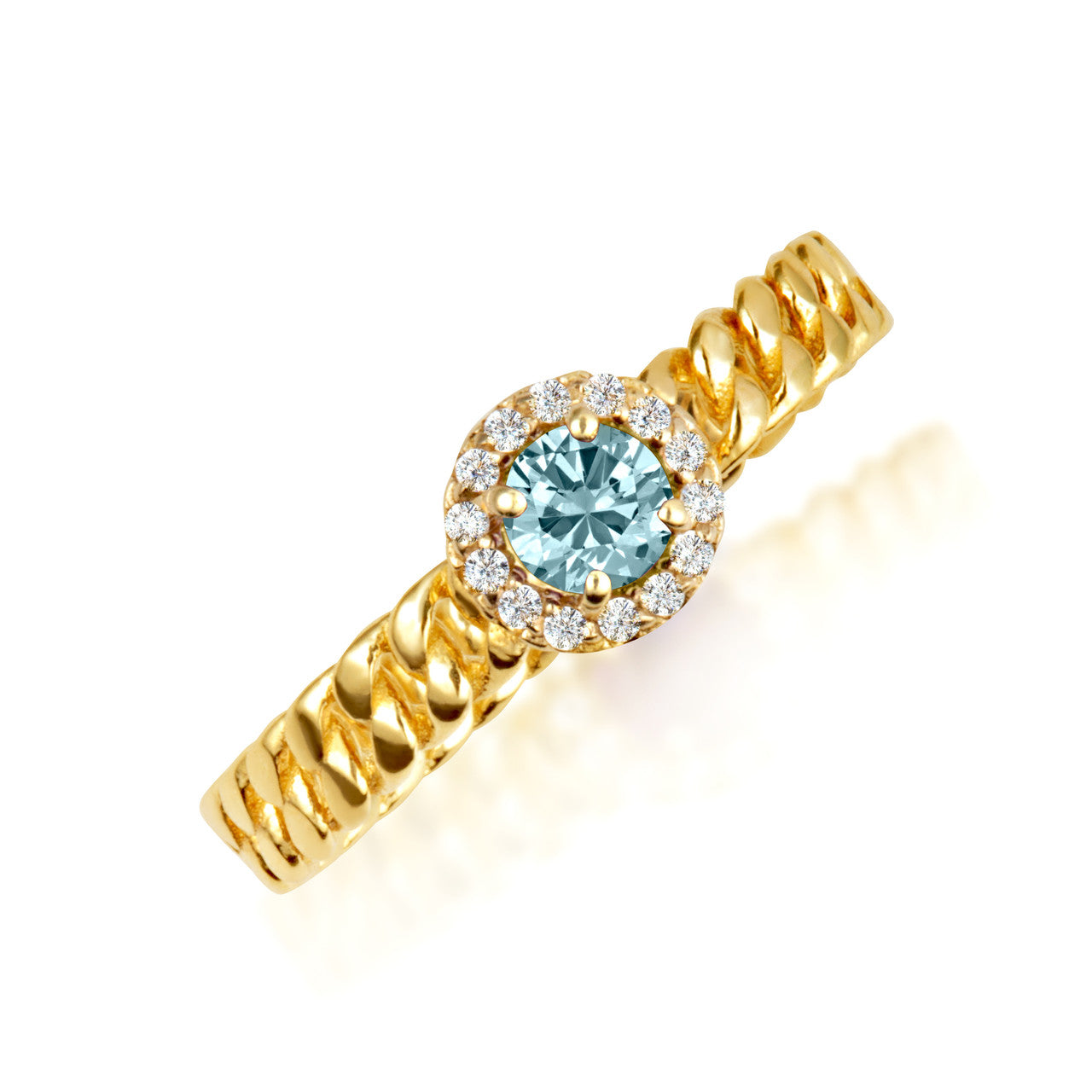 Gold Round Gemstone Diamond Halo Cuban Chain Link Ring (Available in Yellow/Rose/White Gold)