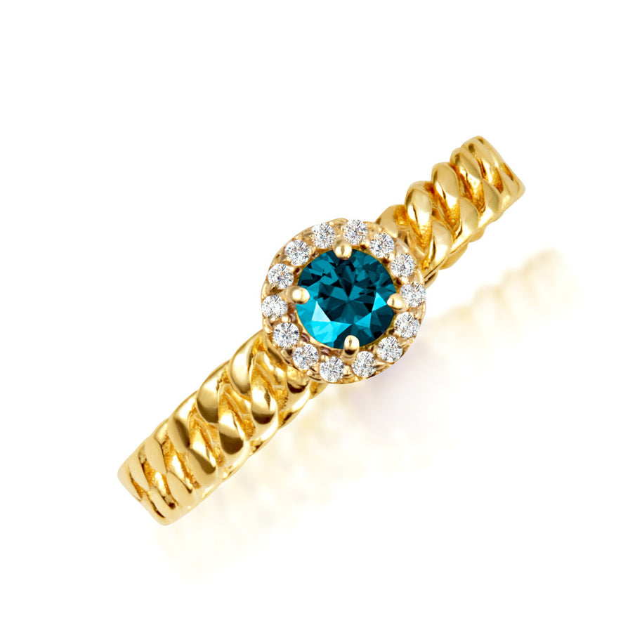 Gold Round Gemstone Diamond Halo Cuban Chain Link Ring (Available in Yellow/Rose/White Gold)