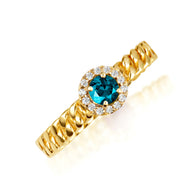 Gold Round Gemstone Diamond Halo Cuban Chain Link Ring (Available in Yellow/Rose/White Gold)