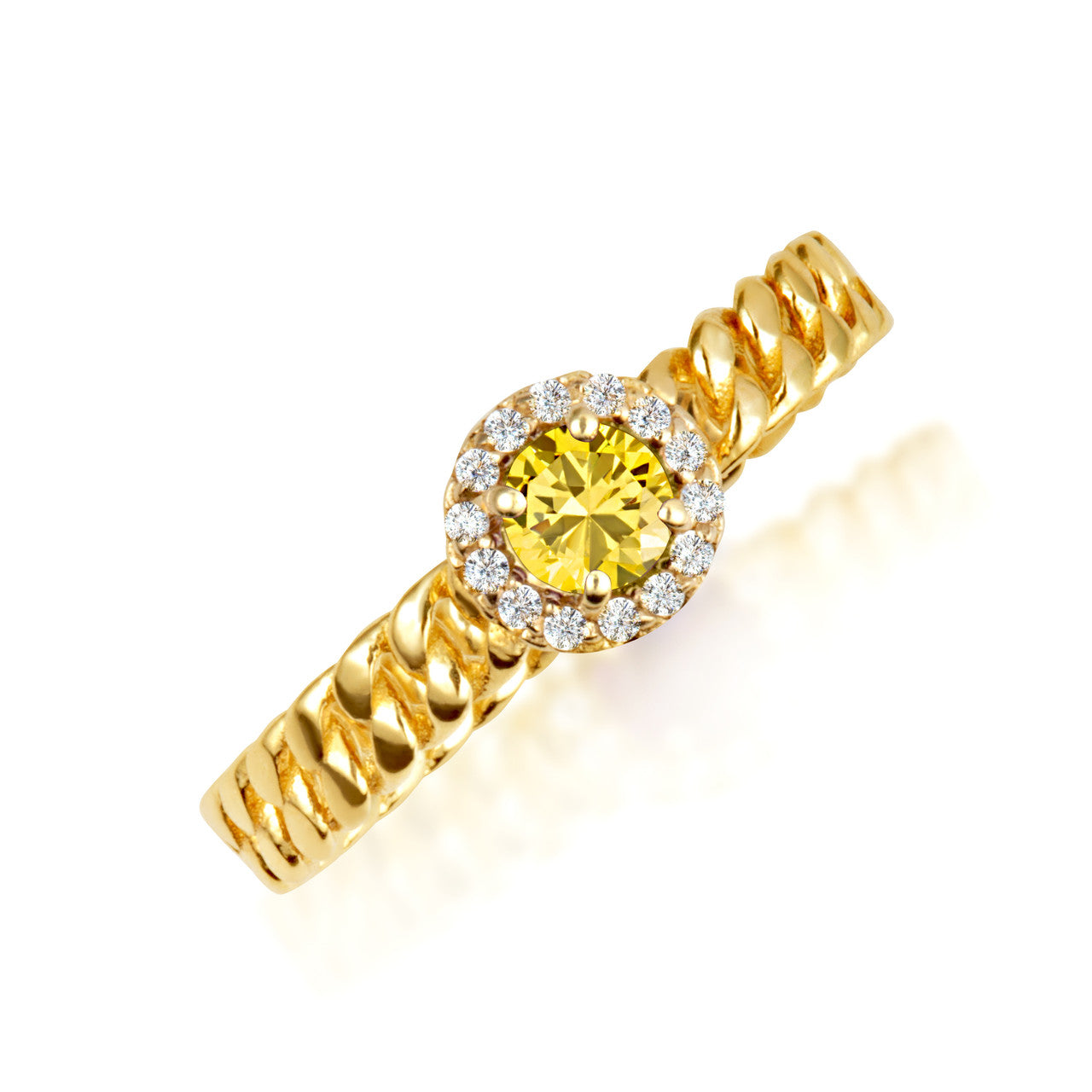 Gold Round Gemstone Diamond Halo Cuban Chain Link Ring (Available in Yellow/Rose/White Gold)