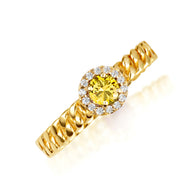 Gold Round Gemstone Diamond Halo Cuban Chain Link Ring (Available in Yellow/Rose/White Gold)