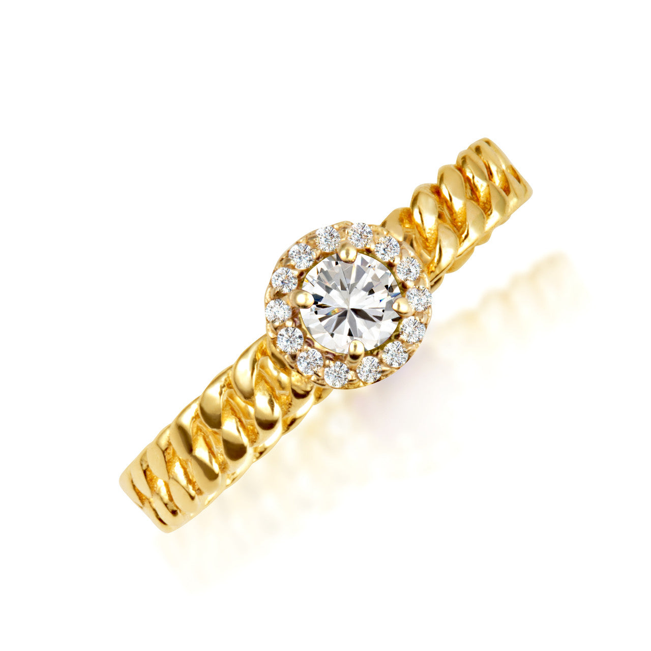 Gold Round Gemstone Diamond Halo Cuban Chain Link Ring (Available in Yellow/Rose/White Gold)