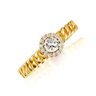 Gold Round Gemstone Diamond Halo Cuban Chain Link Ring (Available in Yellow/Rose/White Gold)