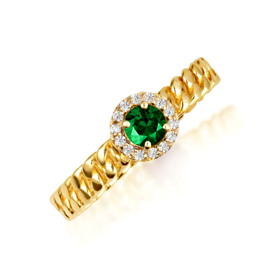 Gold Round Gemstone Diamond Halo Cuban Chain Link Ring (Available in Yellow/Rose/White Gold)