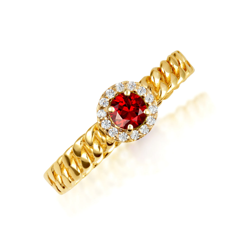 Gold Round Gemstone Diamond Halo Cuban Chain Link Ring (Available in Yellow/Rose/White Gold)