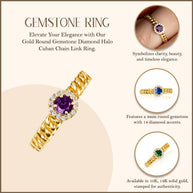 Gold Round Gemstone Diamond Halo Cuban Chain Link Ring (Available in Yellow/Rose/White Gold)