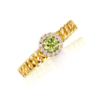 Gold Round Gemstone Diamond Halo Cuban Chain Link Ring (Available in Yellow/Rose/White Gold)