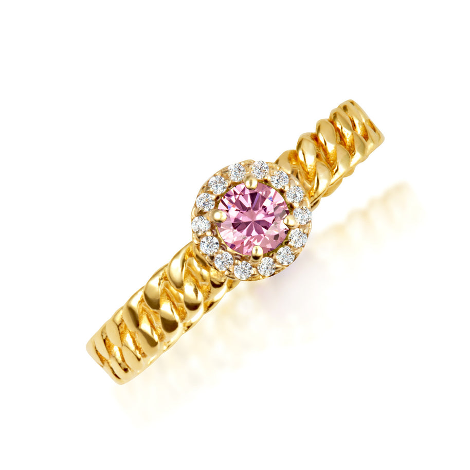 Gold Round Gemstone Diamond Halo Cuban Chain Link Ring (Available in Yellow/Rose/White Gold)