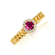 Gold Round Gemstone Diamond Halo Cuban Chain Link Ring (Available in Yellow/Rose/White Gold)
