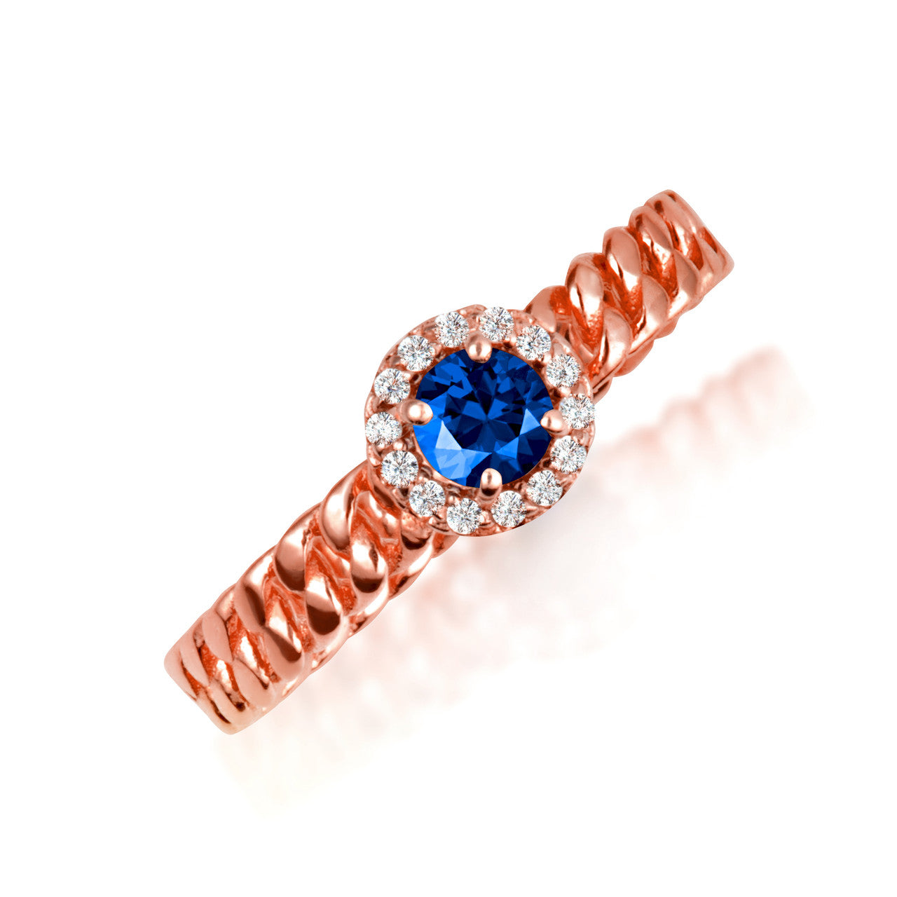 Gold Round Gemstone Diamond Halo Cuban Chain Link Ring (Available in Yellow/Rose/White Gold)