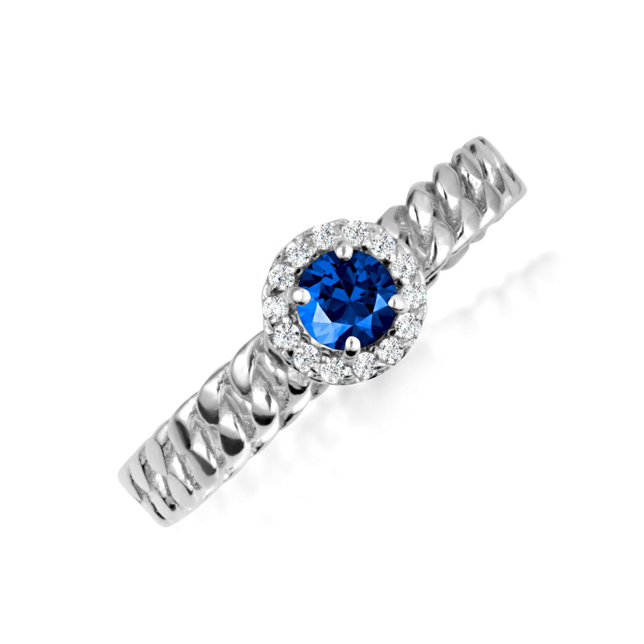 Gold Round Gemstone Diamond Halo Cuban Chain Link Ring (Available in Yellow/Rose/White Gold)