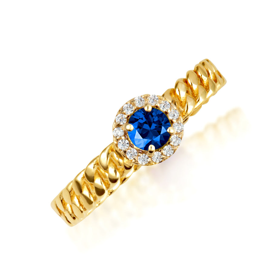Gold Round Gemstone Diamond Halo Cuban Chain Link Ring (Available in Yellow/Rose/White Gold)