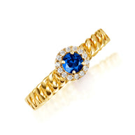 Gold Round Gemstone Diamond Halo Cuban Chain Link Ring (Available in Yellow/Rose/White Gold)