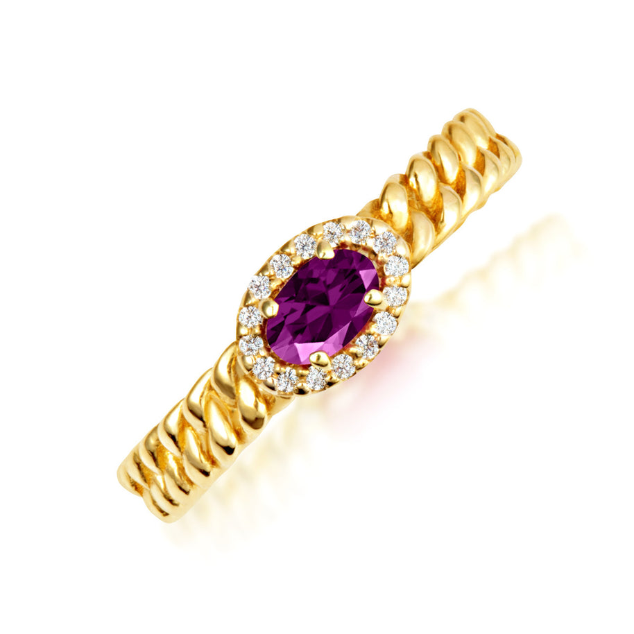 Gold Oval Gemstone Diamond Halo Cuban Chain Link Ring (Available in Yellow /Rose/White Gold)