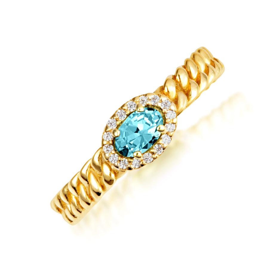Gold Oval Gemstone Diamond Halo Cuban Chain Link Ring (Available in Yellow /Rose/White Gold)