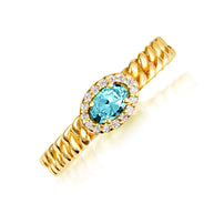 Gold Oval Gemstone Diamond Halo Cuban Chain Link Ring (Available in Yellow /Rose/White Gold)