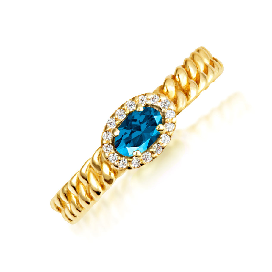 Gold Oval Gemstone Diamond Halo Cuban Chain Link Ring (Available in Yellow /Rose/White Gold)
