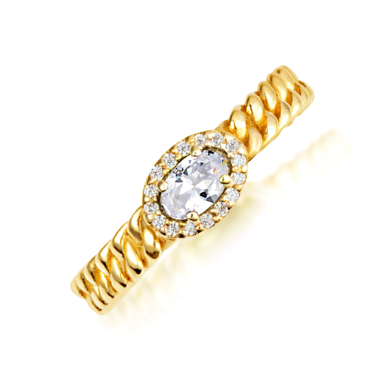Gold Oval Gemstone Diamond Halo Cuban Chain Link Ring (Available in Yellow /Rose/White Gold)