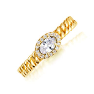 Gold Oval Gemstone Diamond Halo Cuban Chain Link Ring (Available in Yellow /Rose/White Gold)
