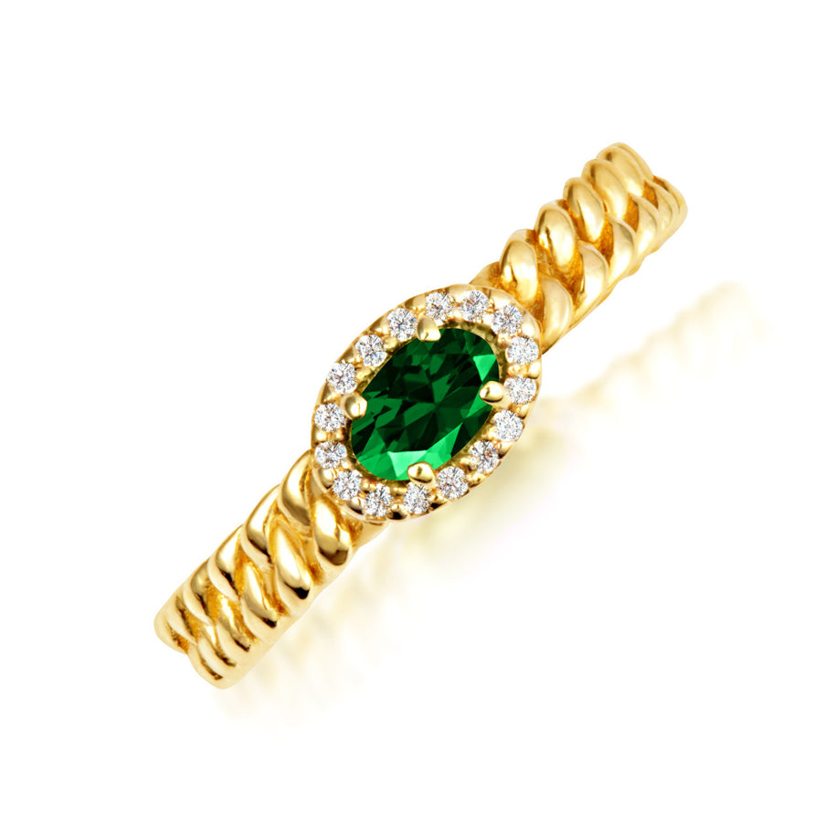 Gold Oval Gemstone Diamond Halo Cuban Chain Link Ring (Available in Yellow /Rose/White Gold)