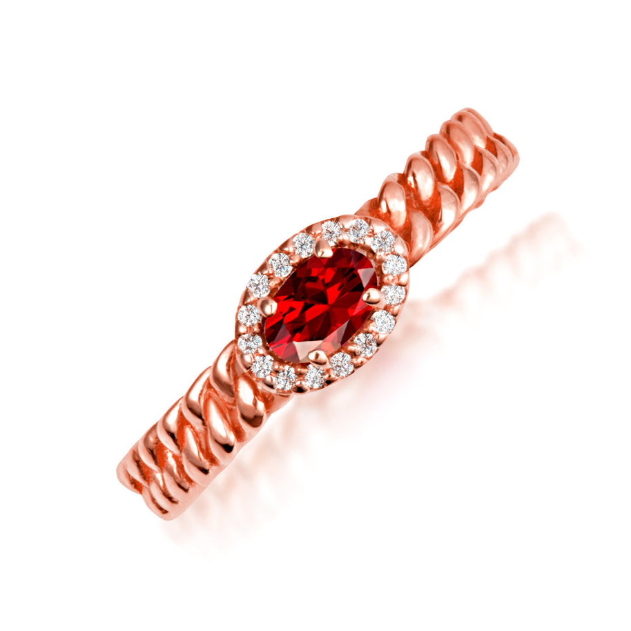 Gold Oval Gemstone Diamond Halo Cuban Chain Link Ring (Available in Yellow /Rose/White Gold)