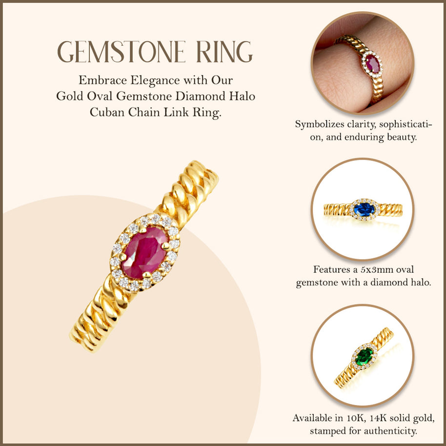 Gold Oval Gemstone Diamond Halo Cuban Chain Link Ring (Available in Yellow /Rose/White Gold)