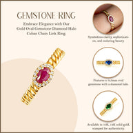Gold Oval Gemstone Diamond Halo Cuban Chain Link Ring (Available in Yellow /Rose/White Gold)