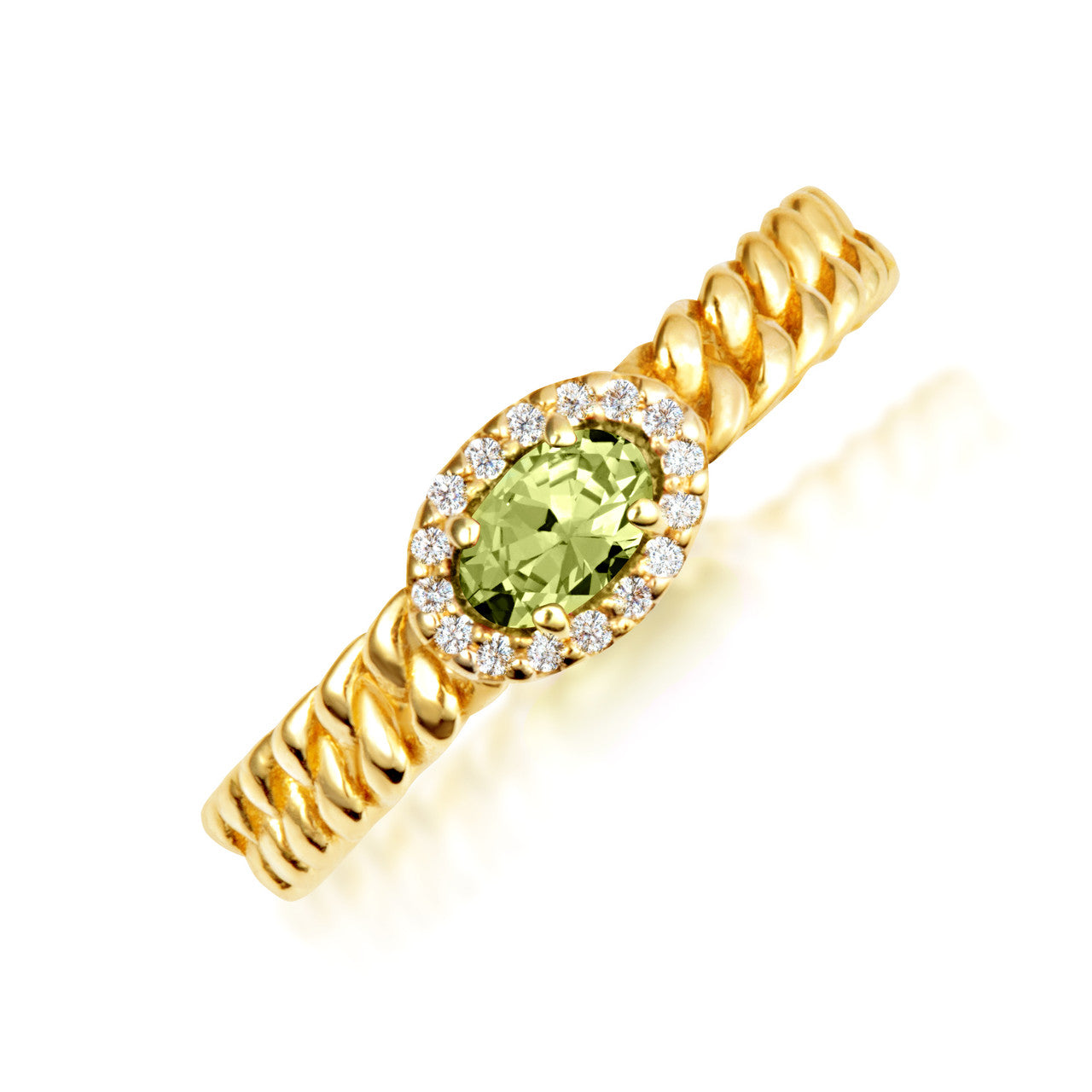Gold Oval Gemstone Diamond Halo Cuban Chain Link Ring (Available in Yellow /Rose/White Gold)