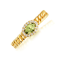 Gold Oval Gemstone Diamond Halo Cuban Chain Link Ring (Available in Yellow /Rose/White Gold)